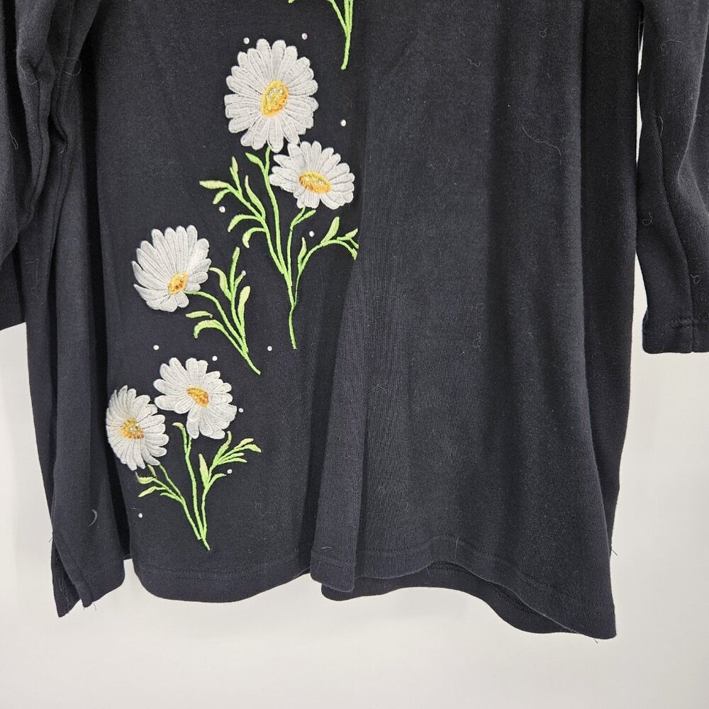 Black Daisy Embroidered Shirt Womens Large Floral Beaded 3/4 Sleeve Tunic Top - Picture 5 of 9